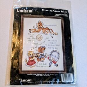 Vtg New Janlynn Hey Diddle Diddle Counted Cross Stitch Kit Nursery Rhyme Cats